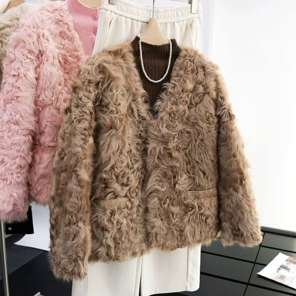 Soft Lustrous Faux Persian Lamb Fur V-neck Jacket