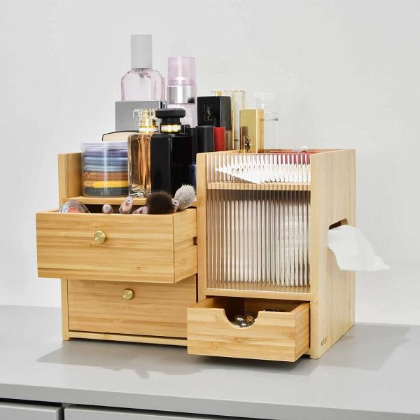 Convenient and Compact Bamboo Wood Desktop Drawers Organizer for Cosmetic Storage