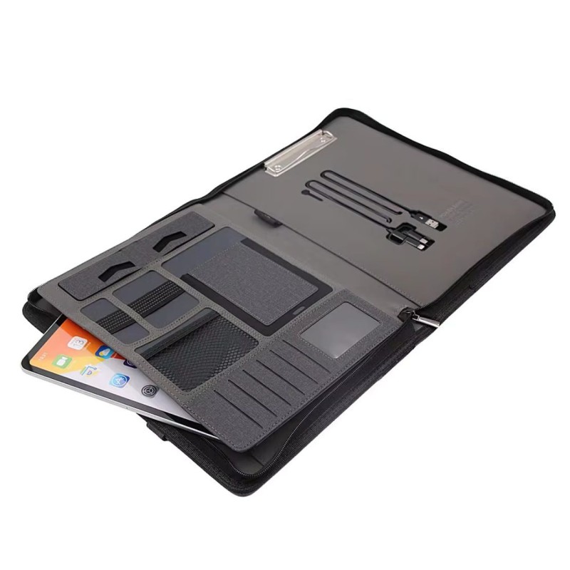 Multifunctional Business Portfolio Folder A4 Leather Notebook LED USB Wireless Charging
