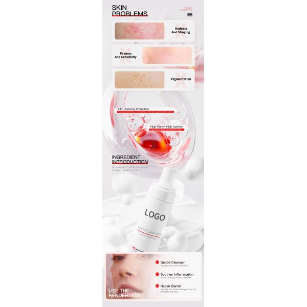 OEM Factory Gentle Sensitive Skin Cleanser Home Use Facial Cleansing Mousse Recombinant Type III Humanized Collagen