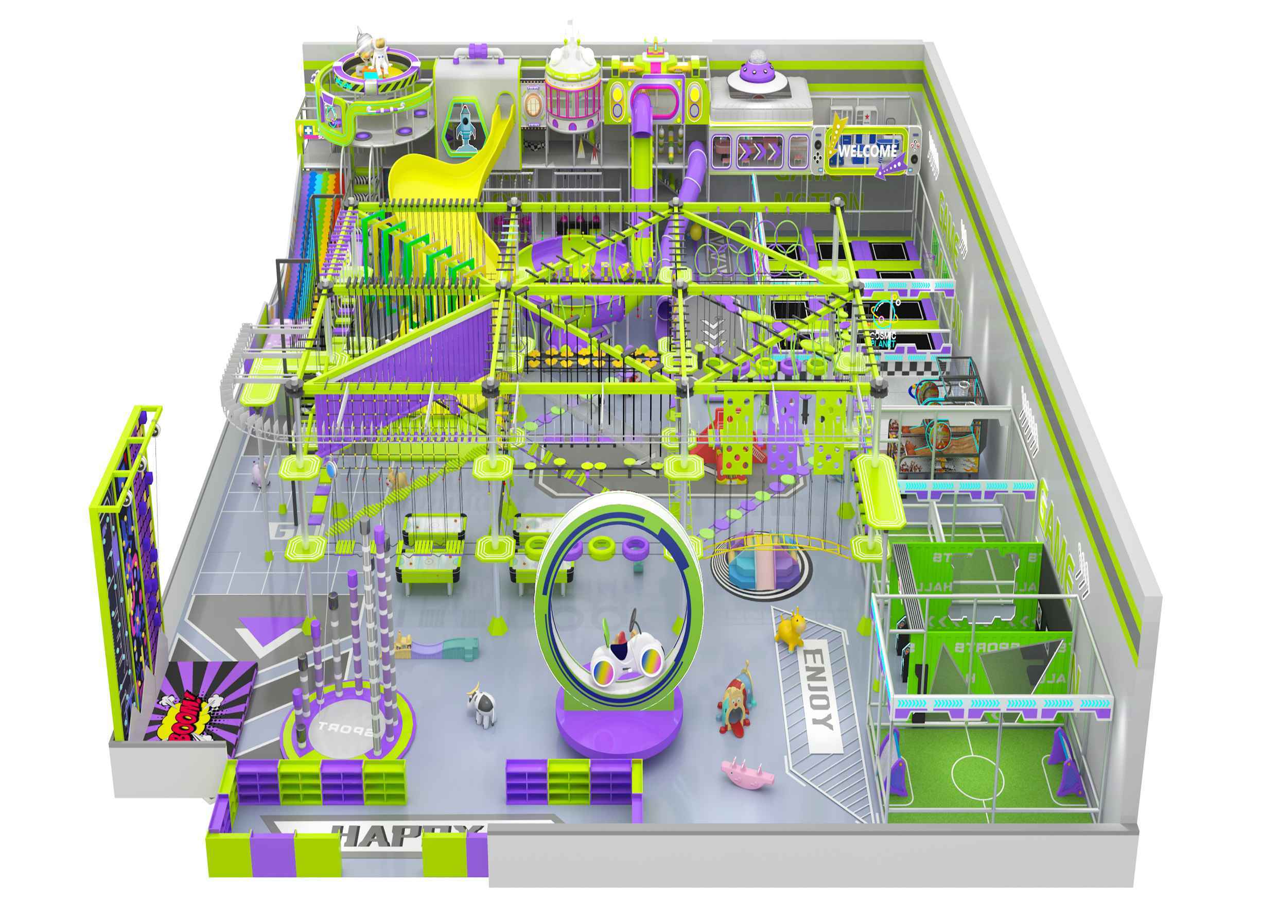 Cream Yellow, White & Mint Green Sports Themed Indoor Soft Play & Trampoline Park | Commercial Mall FEC Playground