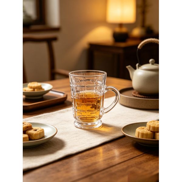 Grid Pattern Glass Tea Mugs Set of 6pcs Turkish Cups 100ml Small Clear Handle Cups