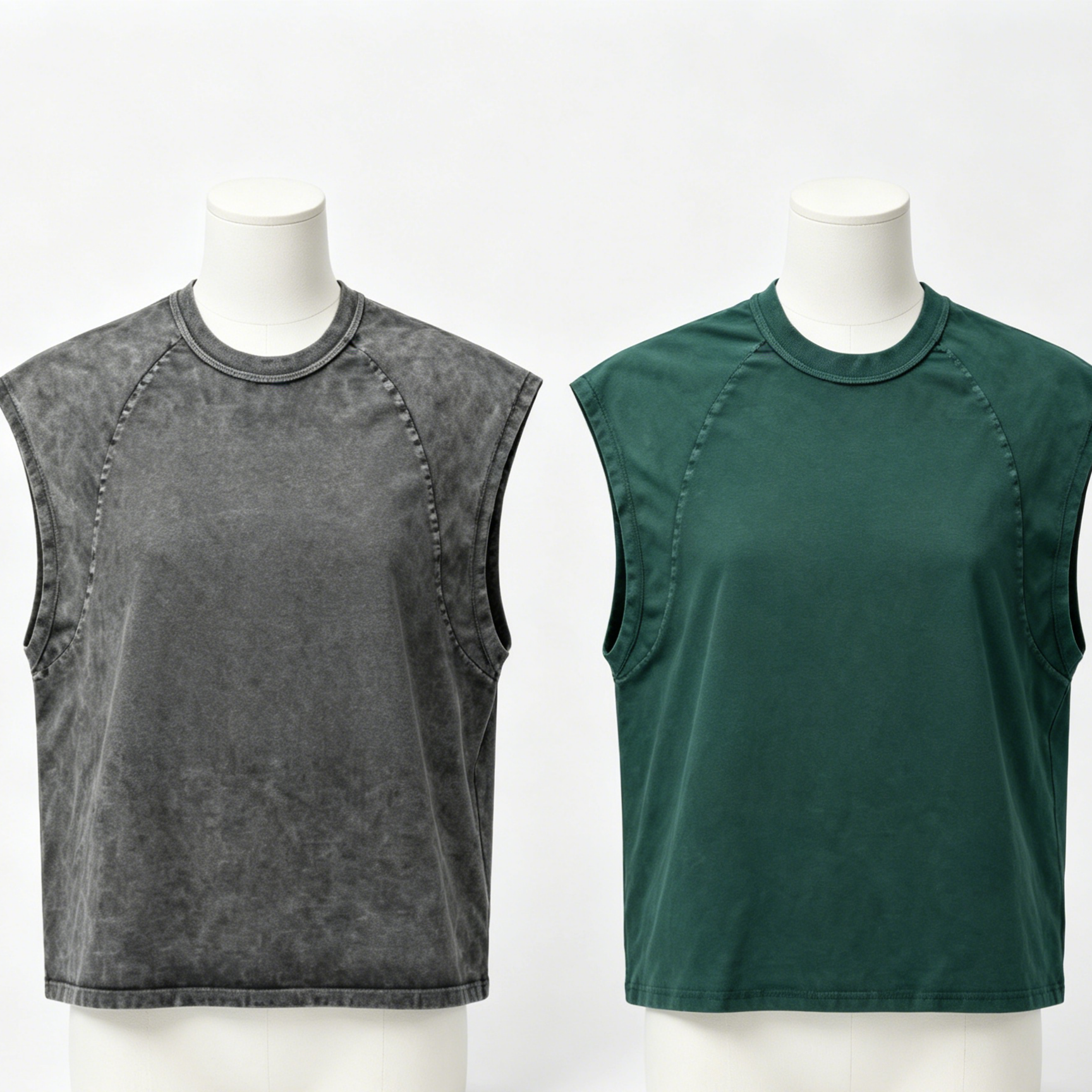 Crew Neck Mens Sleeveless Tank Top Dark Green / Silver Grey 100% Cotton Vest Vintage Washed