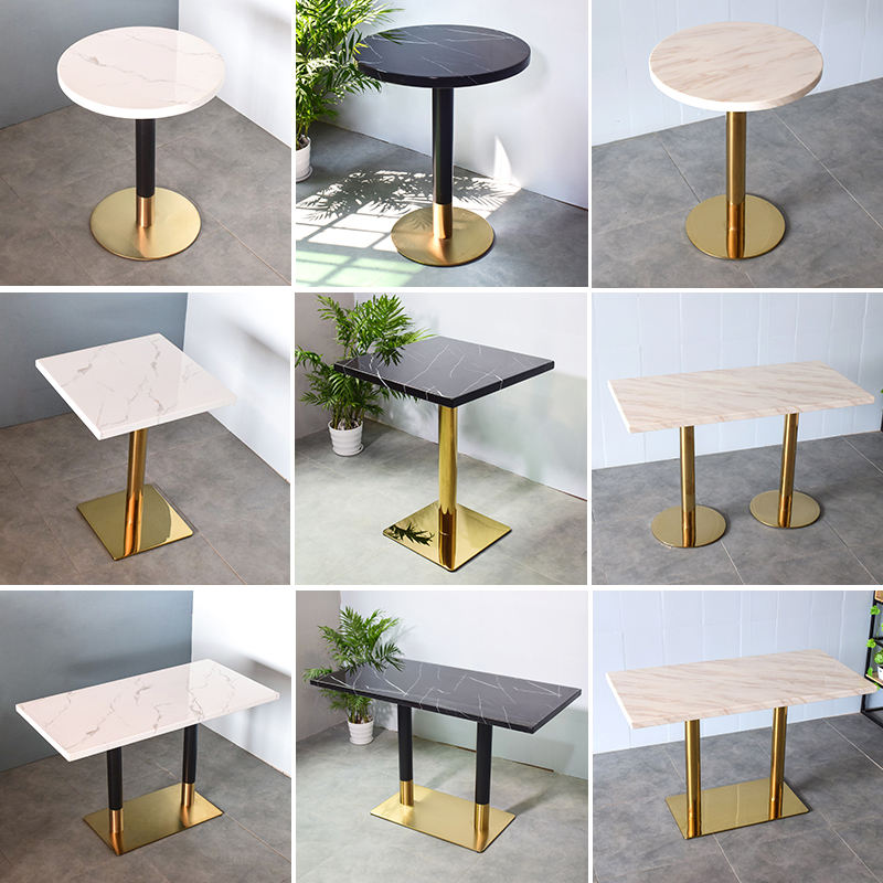 Luxury Restaurant Table with Artificial Marble Sintered Stone Top and Stainless Steel Frame with Gold-plated Edge