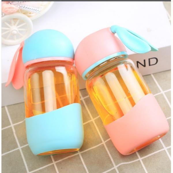 340ml Kids Rabbit Shaped Gift Unbreakable Glass Water Bottle With Silicone Sleeve