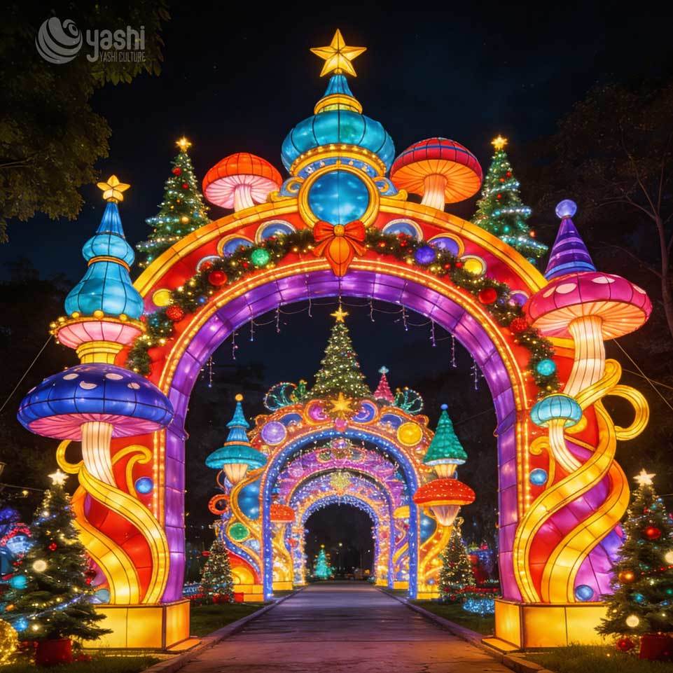 Custom Christmas Bell Bow Festival Lantern Arch, LED Light Archway With Christmas Tree & Gift Box For Outdoor Light Exhibition