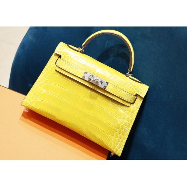 Womens Handhold Yellow 22cm Crocodile Skin Bag With Square Shape