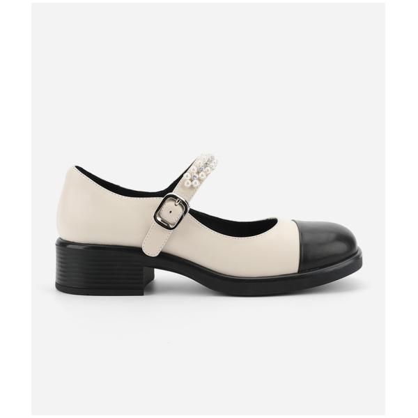 Round Head Wrap Toe Womens Leather Flat Shoes Black And White Stitching