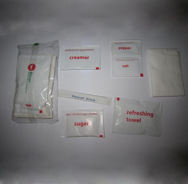 CONDIMENTS FOR AIRLINE, AIRLINE CONDIMENTS PACK, SUGAR, SALT, PEPPER, CREAM, CANDY, TISSUE