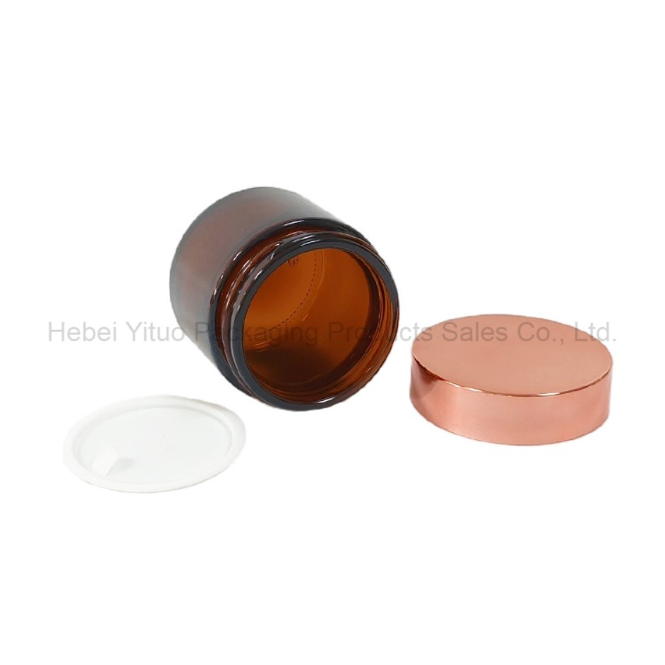 Amber Glass Empty Cream Jar With Rose Gold Screw Lid & Inner Seal, Refillable Cosmetic Packaging