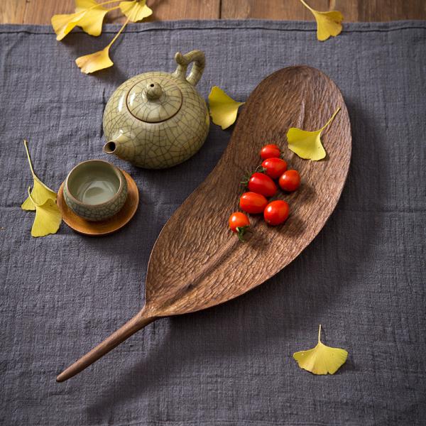 Hand Carved Diy Wood Serving Tray , Wooden Coffee Table Tray Leaf Shaped