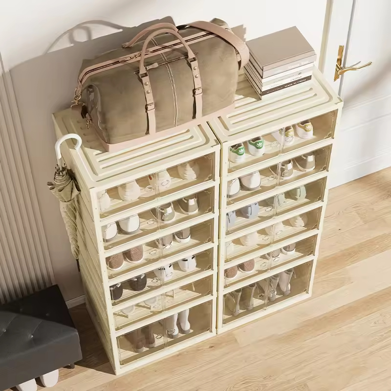 Durable Beige Clear Shoe Storage Cabinet Stackable Magnetic Closure Drawers with Ventilated Top for Modern Home Organization