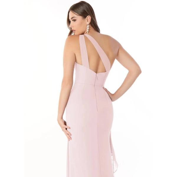 Fashionable Fitted Pleated Ruffle Chiffon Long Bridesmaid Dress Blushing Pink Sleeveless One-Shoulder Plus Size