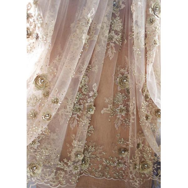 120cm Wide 3D Flower Lace Fabric , Polyester Bridal Metallic Gold Lace Fabric