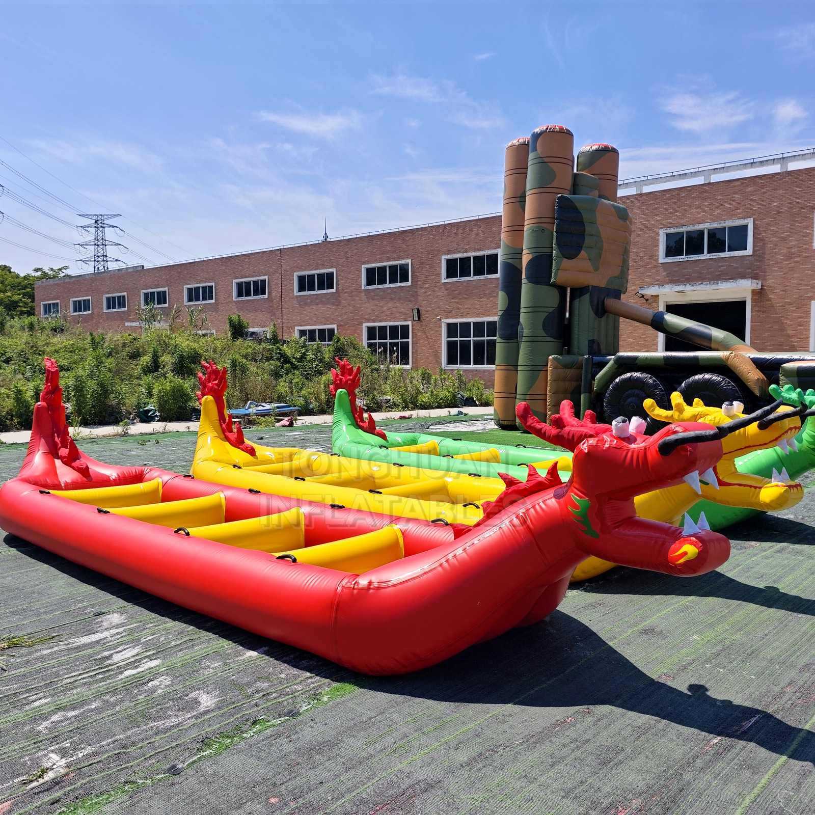 Custom Inflatable Dragon Boat with Multi Person Bench Seats Reinforced Grab Handles and Color Options for Team Racing Lake Events and Water Rentals