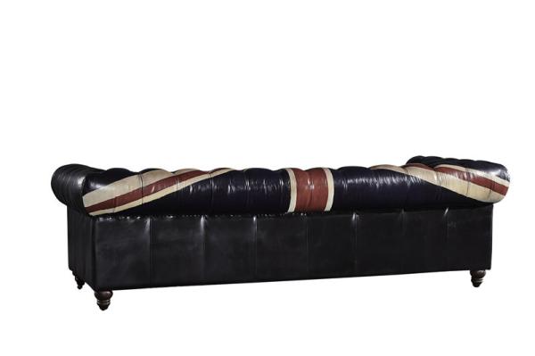 Europe Retro Black Three Seater Leather Chesterfield Couch With Union Jack