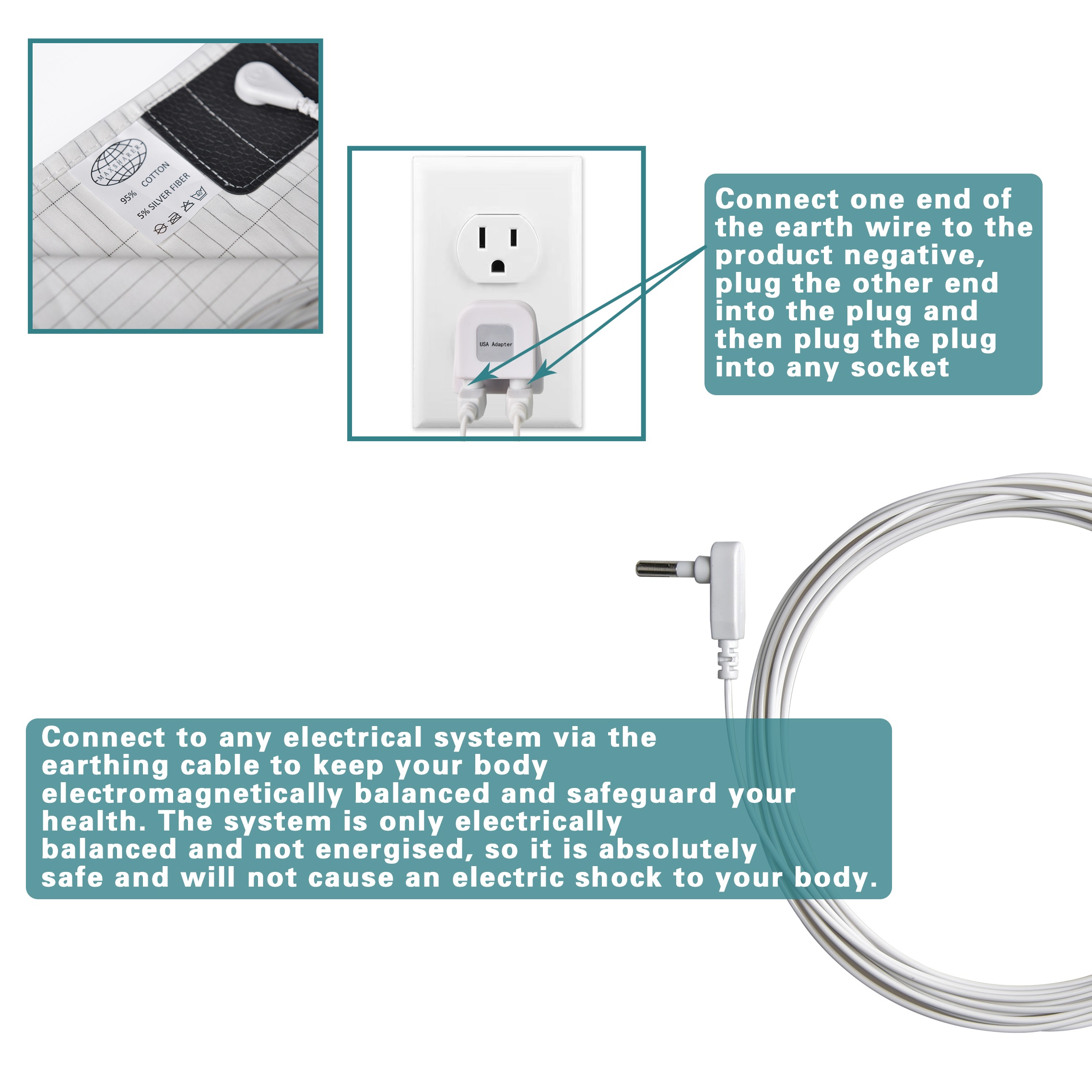 California King Size Beds Grounding Earthing Flat Bed Sheet Ground Protect Conductive Bed Sheet 15FT Grounding Cord With Plug