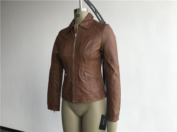Ladies Soft Camel Pleather Jacket , Gold Polo Collar Pu Jackets For Womens Tw75798