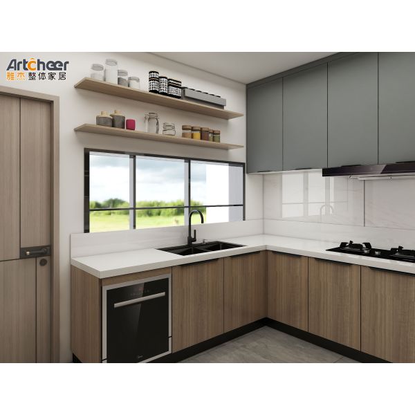 Customized U Shape Kitchen Cabinet with Melamine Finish and Pantry Cabinet in Modern Design