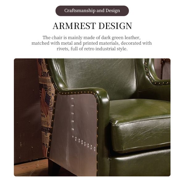 Nidea #8881 Traditional Design Handmade Genuine Leather Upholstered High Back Wing Chair with Wooden Frame for Bedroom Coffee Shop Hotel