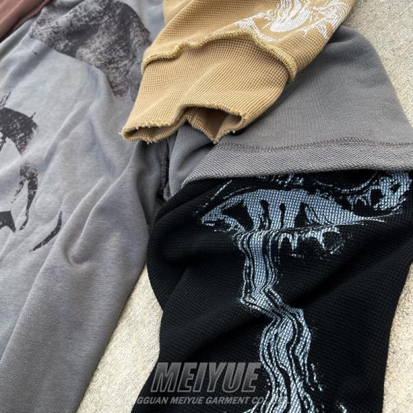 Logotipo de impresión DTG personalizado de doble capa Waffle Manga larga 100% de algodón Camiseta de calle de hombres suéter de gran tamaño camiseta para hombres