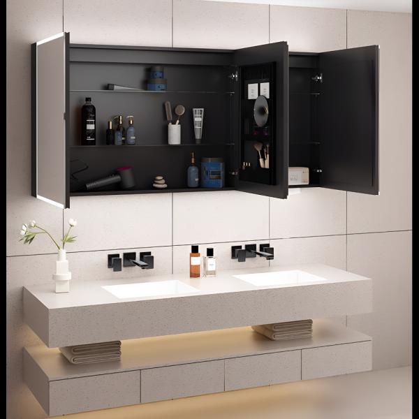 Smart Modern Medicine Bathroom LED Mirror Cabinet Water Resistant Illuminated Storage Organizer Aluminum Frame for Hotel Villa