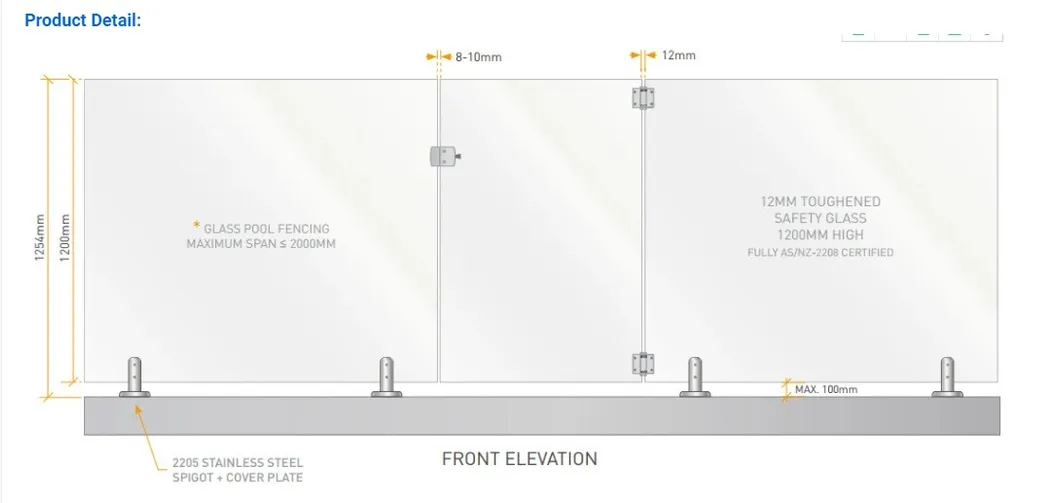 Vidrio de piscina sin marco de diseño de 12 mm de espesor vidrio endurecido