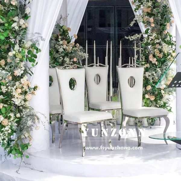 White Leather Pad Stainless Steel Frame Royal Gold Wedding Banquet Hall Chairs for Bride and Groom Sale Wholesale