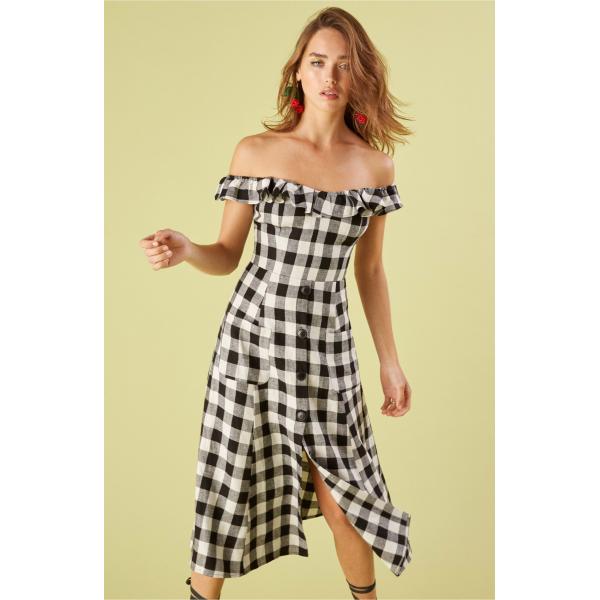 Black and white checked off shoulder dress
