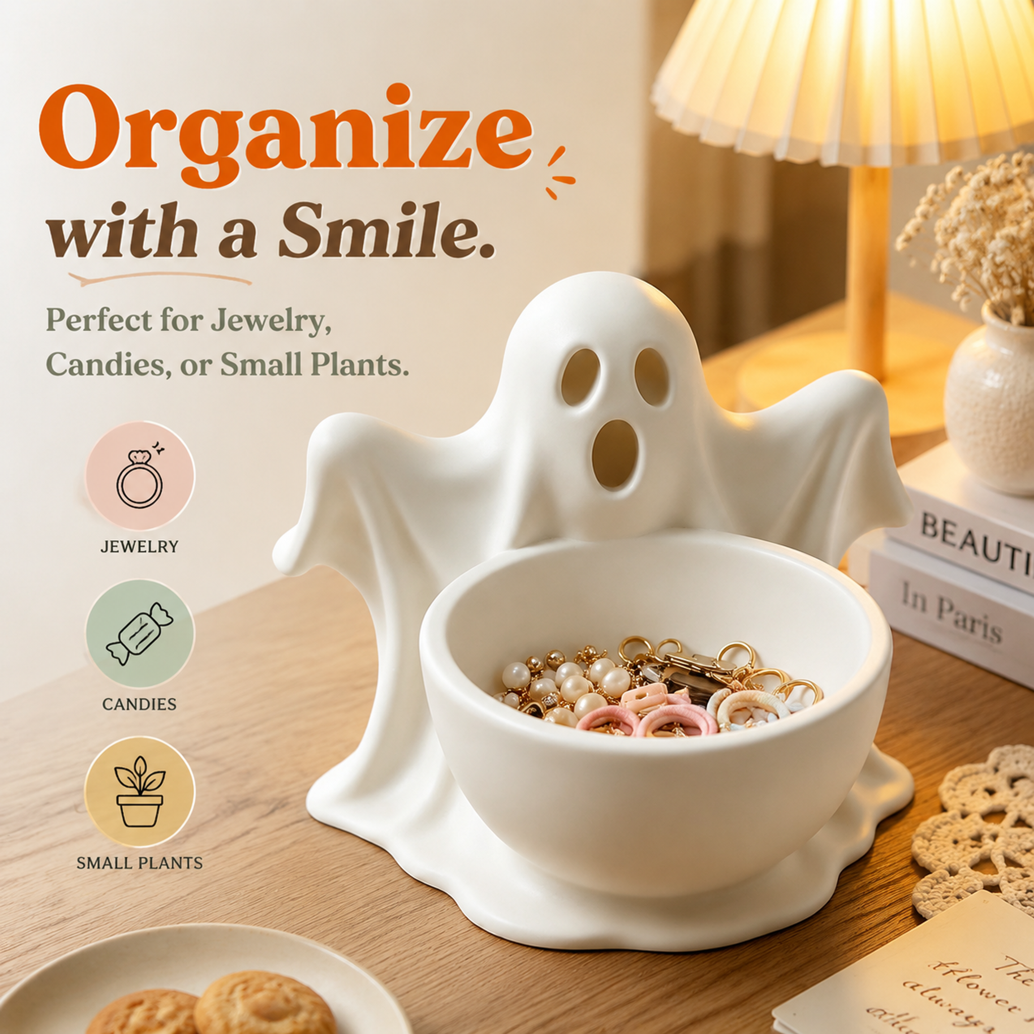 Hollow Facial Ghost Container, 3D Printed Holiday Decoration for Succulent Plant & Small Ornament Display