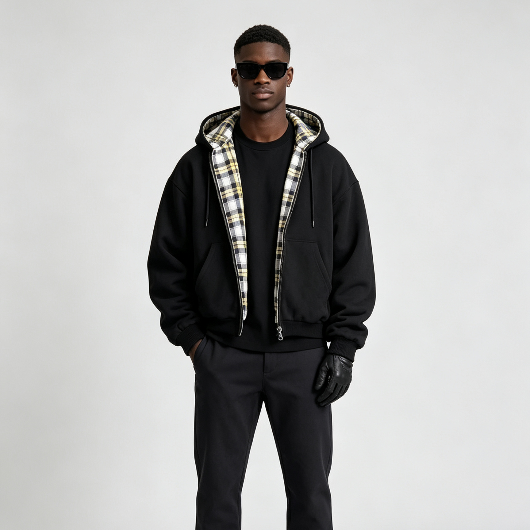 Plaid Lined Zip Up Hooded Sweatshirt Jacket, Oversized Loose Contrast Check Inner Hoodie 3 Colors Cross-Border Wholesale for Autumn