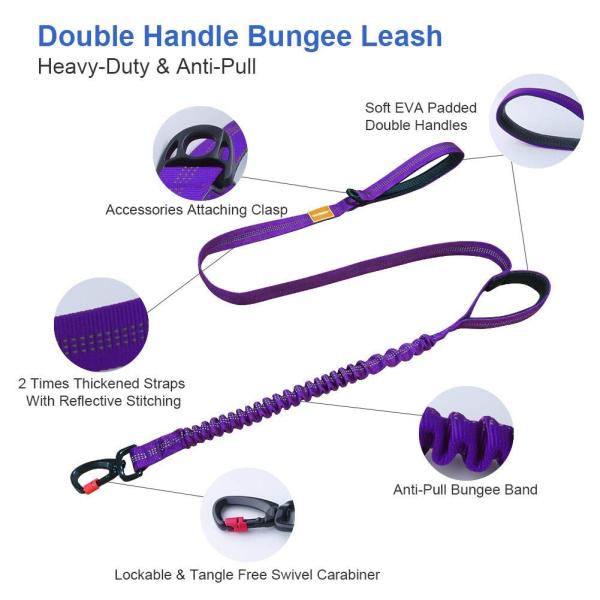 Choke Free Dog Halter Harness Leash Set 5 Ft Double Handle Shock Absorbing Bungee