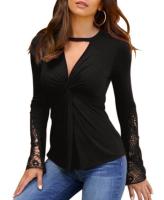 Small Batch Clothing Manufacturers Women'S Casual V - Neck Lace Twisted Long Sleeve Tops
