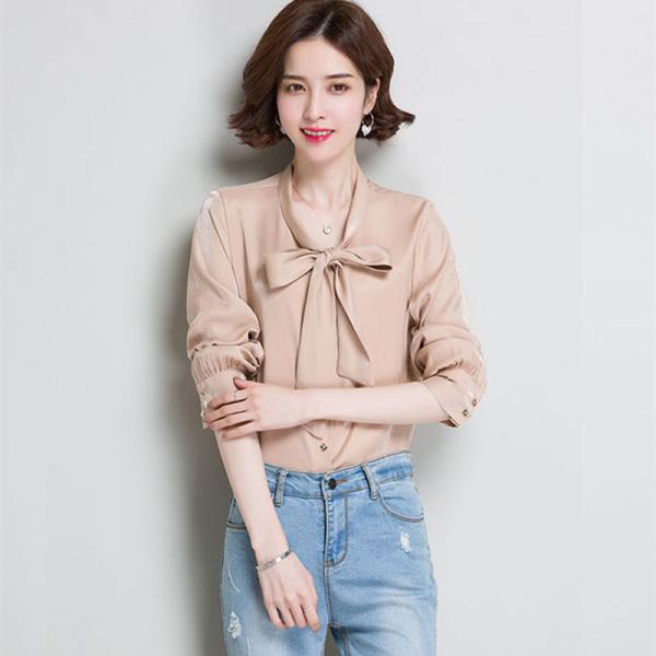 Round collar and long sleeves chiffon shirt for women clothing