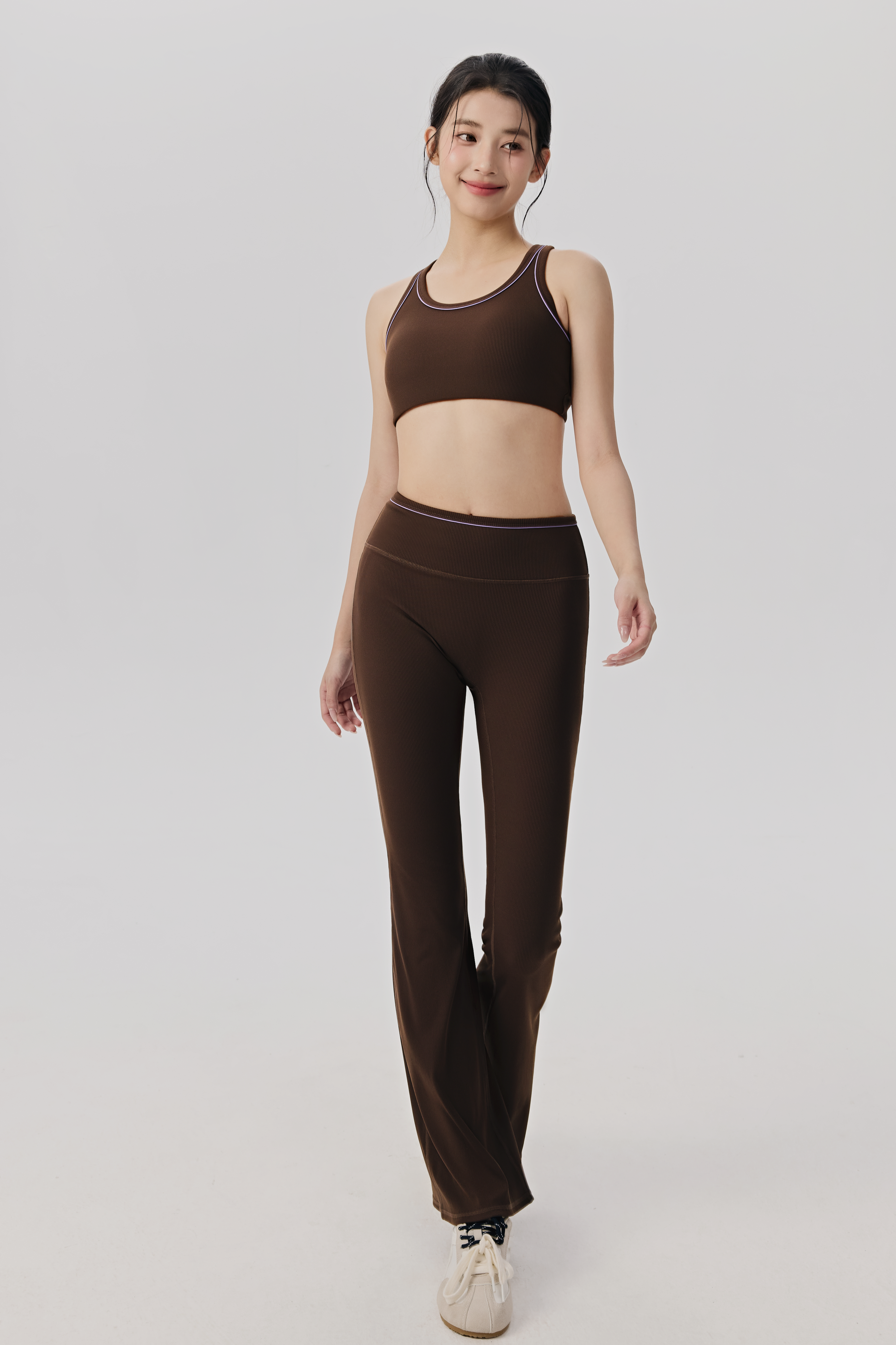 Chocolate Brown Ribbed Seamless Sports Bra & Flare Leggings Set, Buttery Soft Activewear for Yoga Gym and Daily Wear