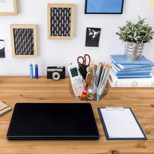 Hexagon Acrylic Pen Cup 360 Degree Rotating Acrylic Organizer 7 Compartments