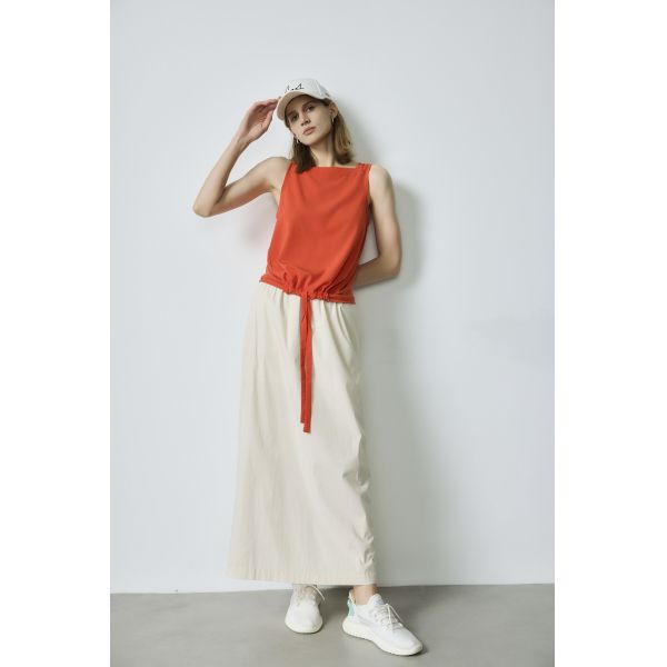 100% Wool Coral Fashion Vest Red Sleeveless Top Beige Maxi Skirt Set