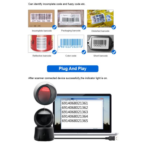 Leitor de códigos de barras 2D de alta velocidade sem mãos Escaneador de códigos de barras de escritório sem fio com base de carga
