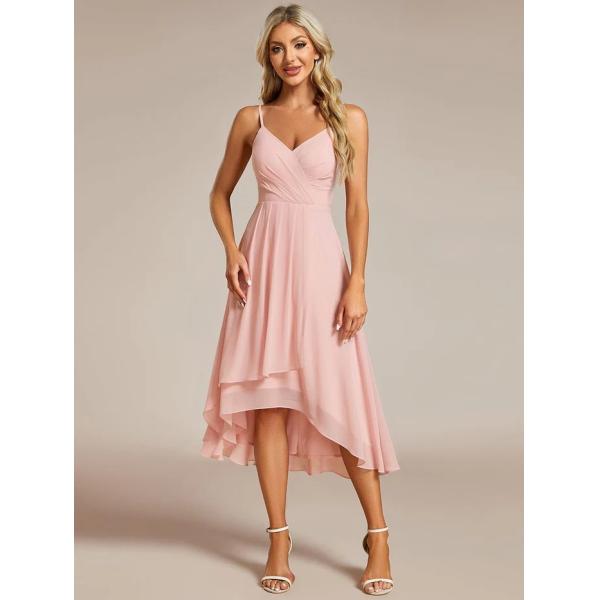 Elegant V-neck Spaghetti Strap Empire A-line High-low Chiffon Wedding Guest Dress Midi Pink Bridesmaid Dress