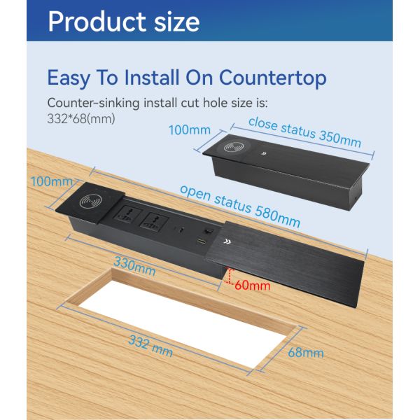 Sliding Desktop Conference Table Electrical Sockets 15W Qi UKCA Certificated