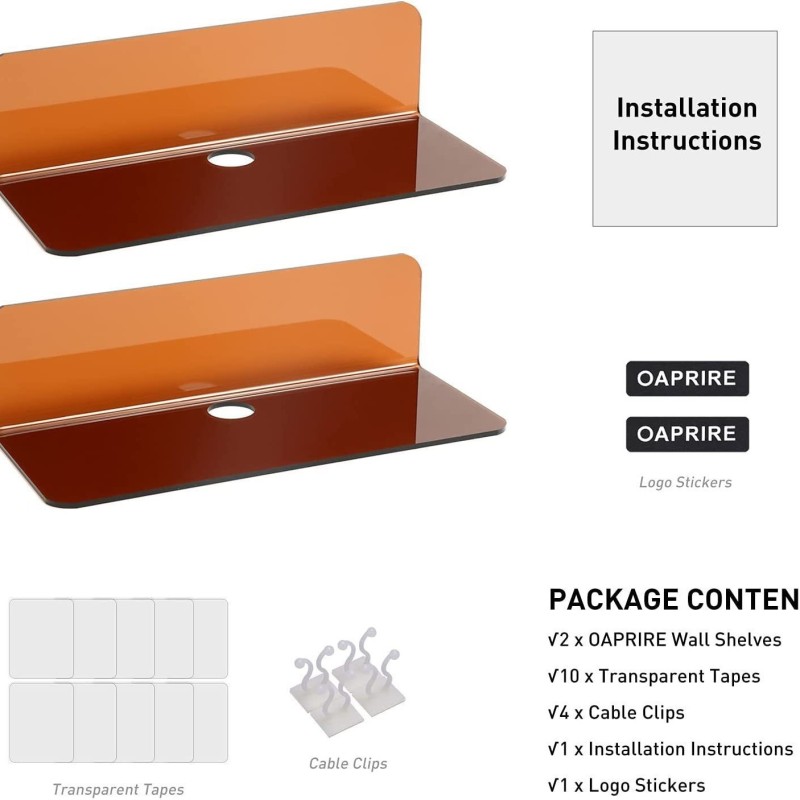 Single-Tier Wall-mounted Acrylic Rack with Floating Shelf and Clock Speaker Storage Perforation-Free for Pot Storage