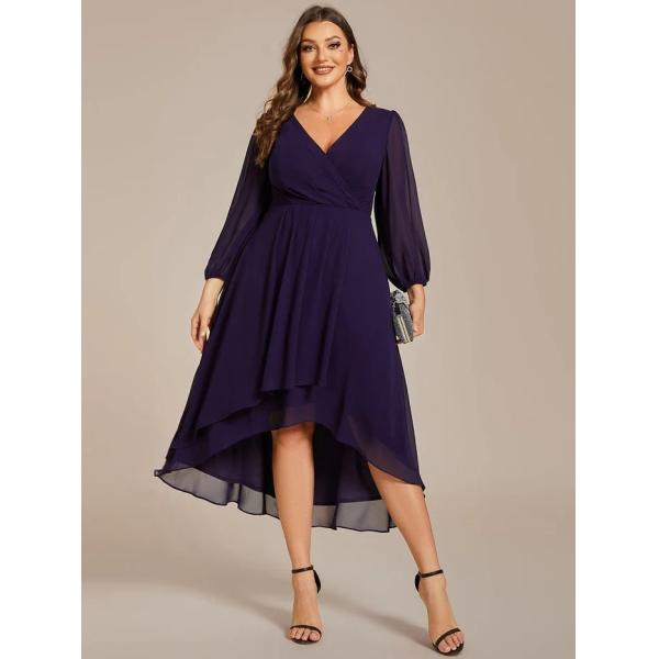 Elegant Empire Long Sleeve V-neck High Low A-line Ruffled Midi Dark Purple Chiffon Wedding Guest Cocktail Dress