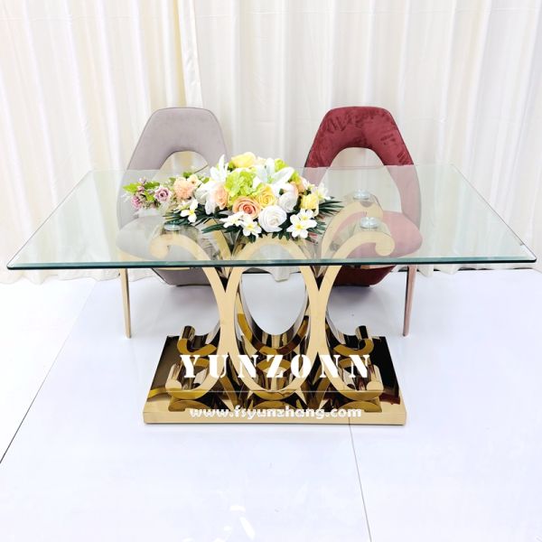 Special Golden Stainless Steel Luxury Glass Dining Table Sets for Bride and Groom for Wedding Events and Hotel Use