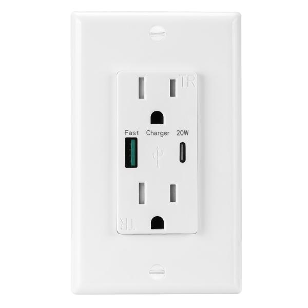 PD20W Fast Charging USB Wall Outlet 15A 100V - 240V Outlet With Type C
