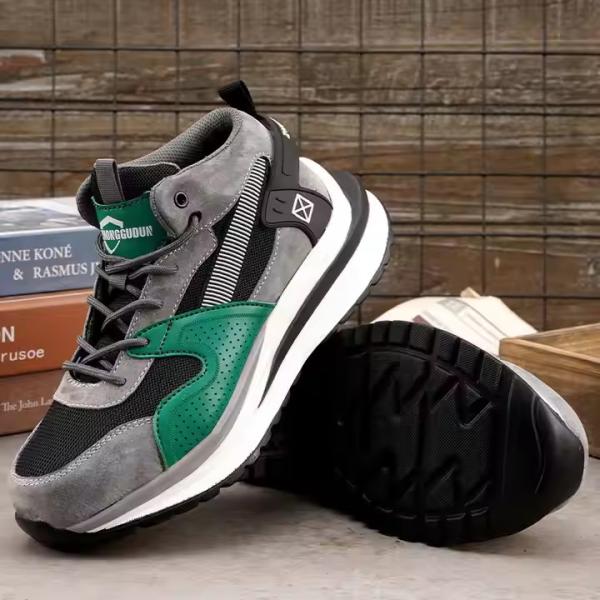 Steel Toe Mid-cut Pigskin And Flying Knit Safety Boots For OEM Security Work