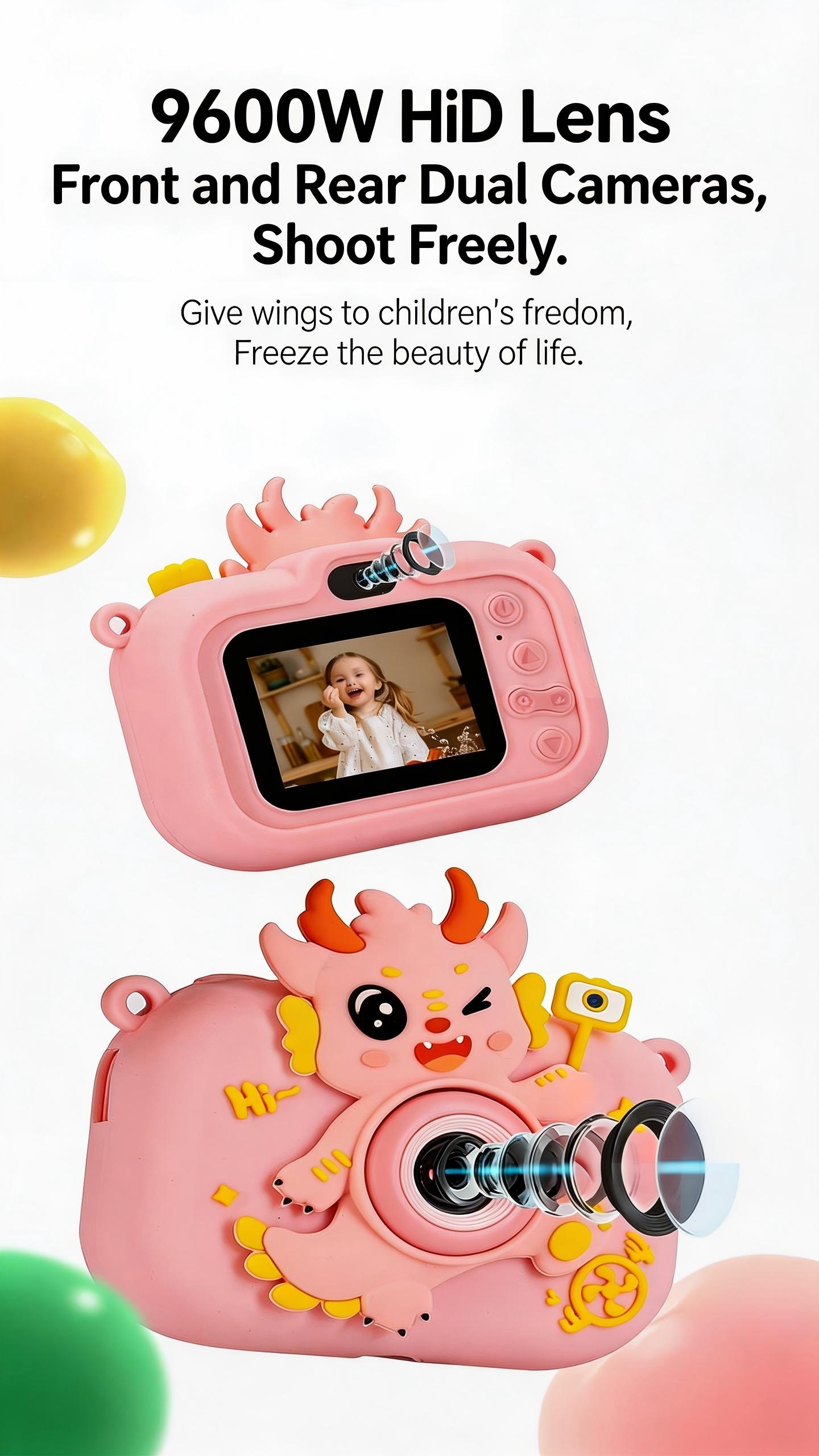 DLC Children Mini Digital Camera With One Touch Control Button Cartoon Design Timed Selfie Function Cute Appearance for Gift