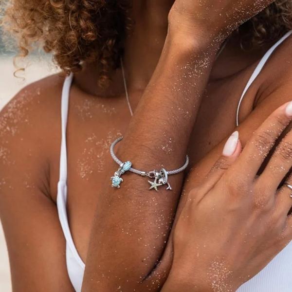 Sea Turtle  Drop Charm Bead  with Crystals crafted in Sterling Silver For Flawless Finish