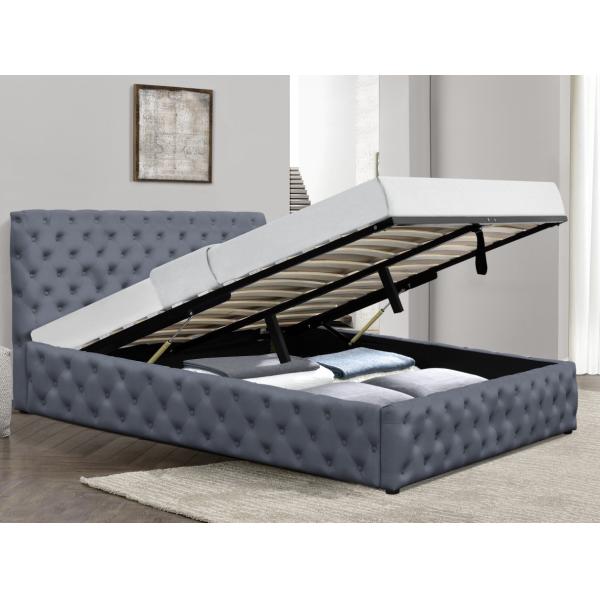 Light Grey Velvet Gas Lift Storage Bed King Size Upholstered Tufted Bottons