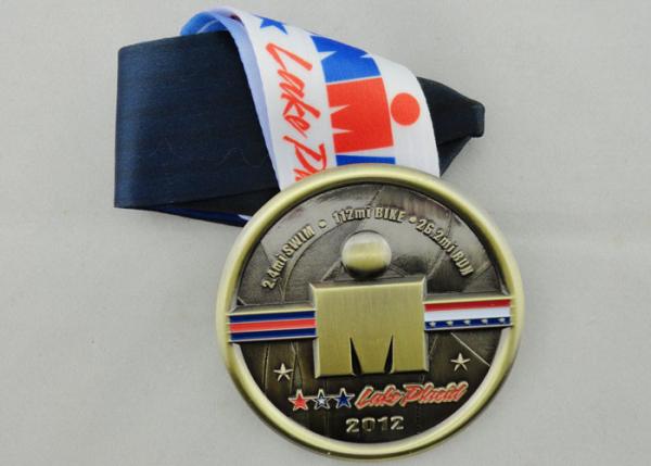 IRON KIDS medal, die casting with soft enamel, antique brass plating, Full color printing ribbon.