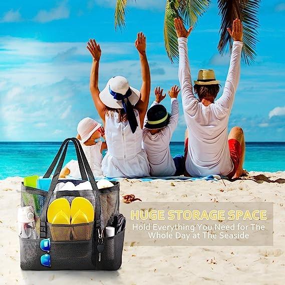 Mesh Beach Bag, Extra Large Beach Bags with 9 Pockets & Zipper Waterproof Lightweight Beach Tote for Beach/Pool Trip